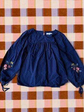 LOFT Navy Peasant Blouse with Floral Sleeve Embroidery - Kids